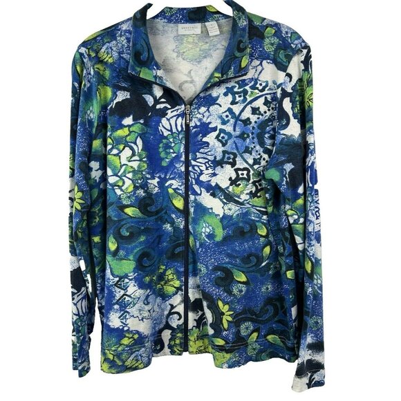Chico's Jackets & Blazers - Chicos Women's Jacket Size Medium Blue Green 100% Cotton Full Zipper Colorful